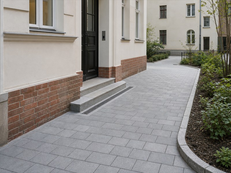 Neu gepflasterter Innenhofweg mit Randeinfassung und Entwässerungsrinne