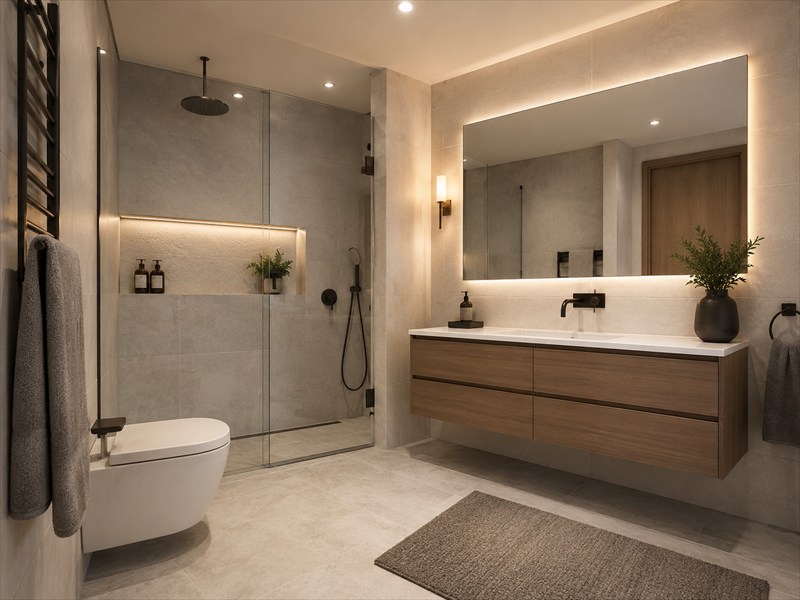 Modernes Badezimmer mit bodengleicher Dusche, wandhängendem Waschtisch und indirekter Beleuchtung