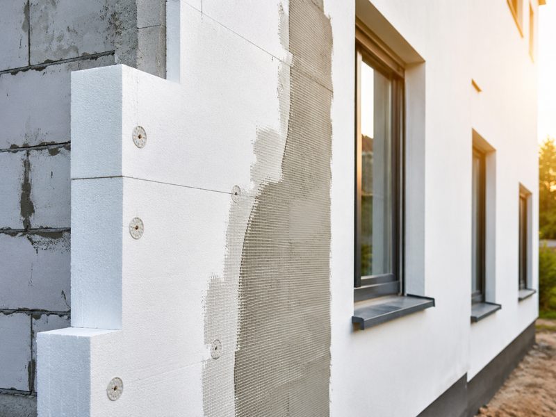 Wärmedämm-Verbundsystem mit Dämmplatten und Armierungsgewebe an einer Fassade