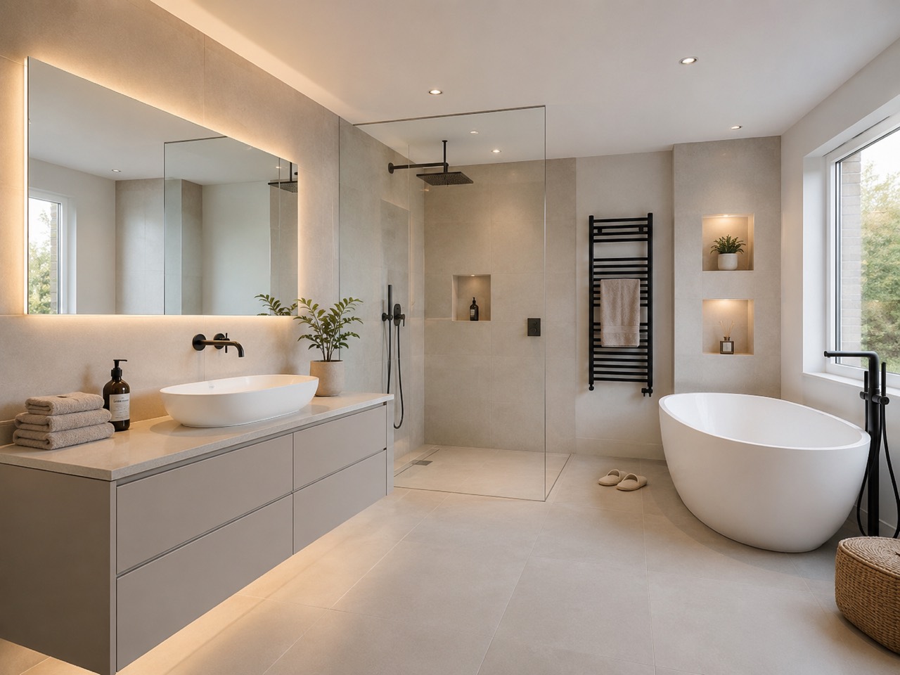 Helles Badezimmer mit Waschtisch, freistehender Badewanne, verglaster Dusche, Wandnischen und schwarzen Armaturen
