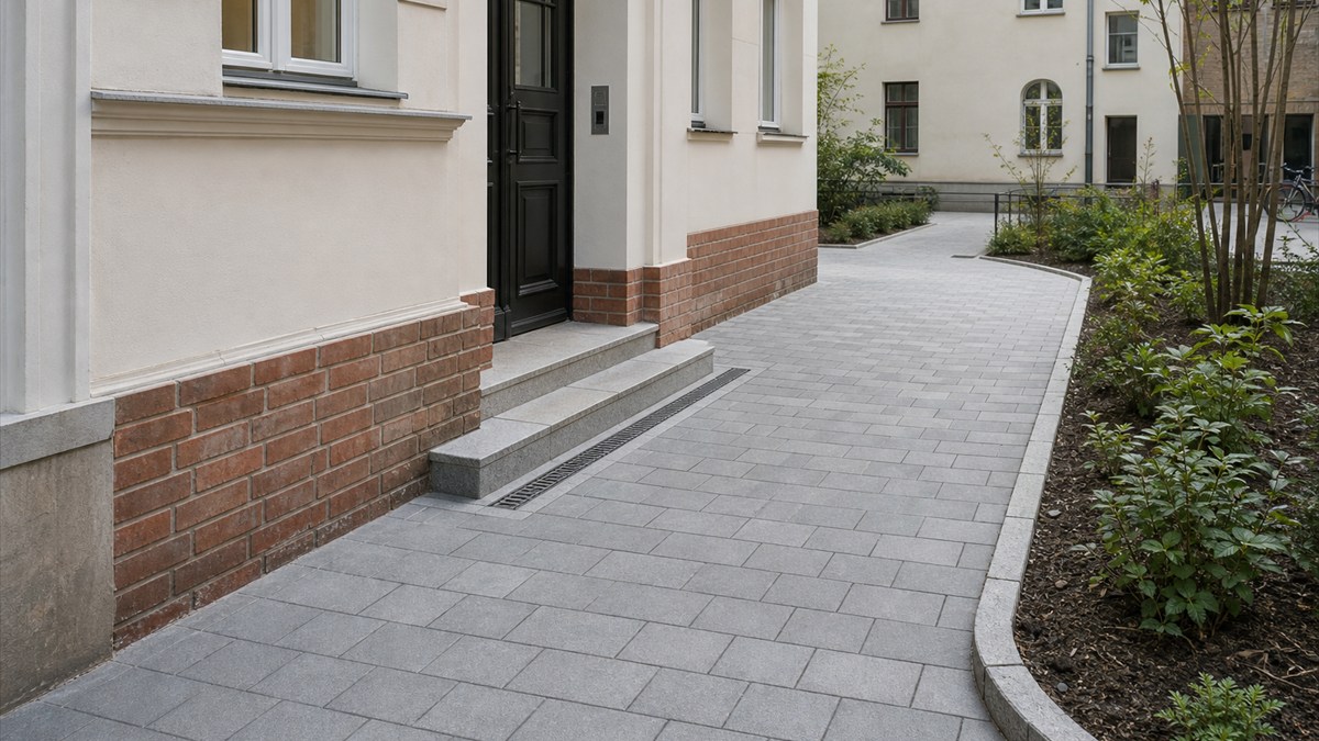 Neu gepflasterter Innenhofweg mit Randeinfassung und Entwässerungsrinne