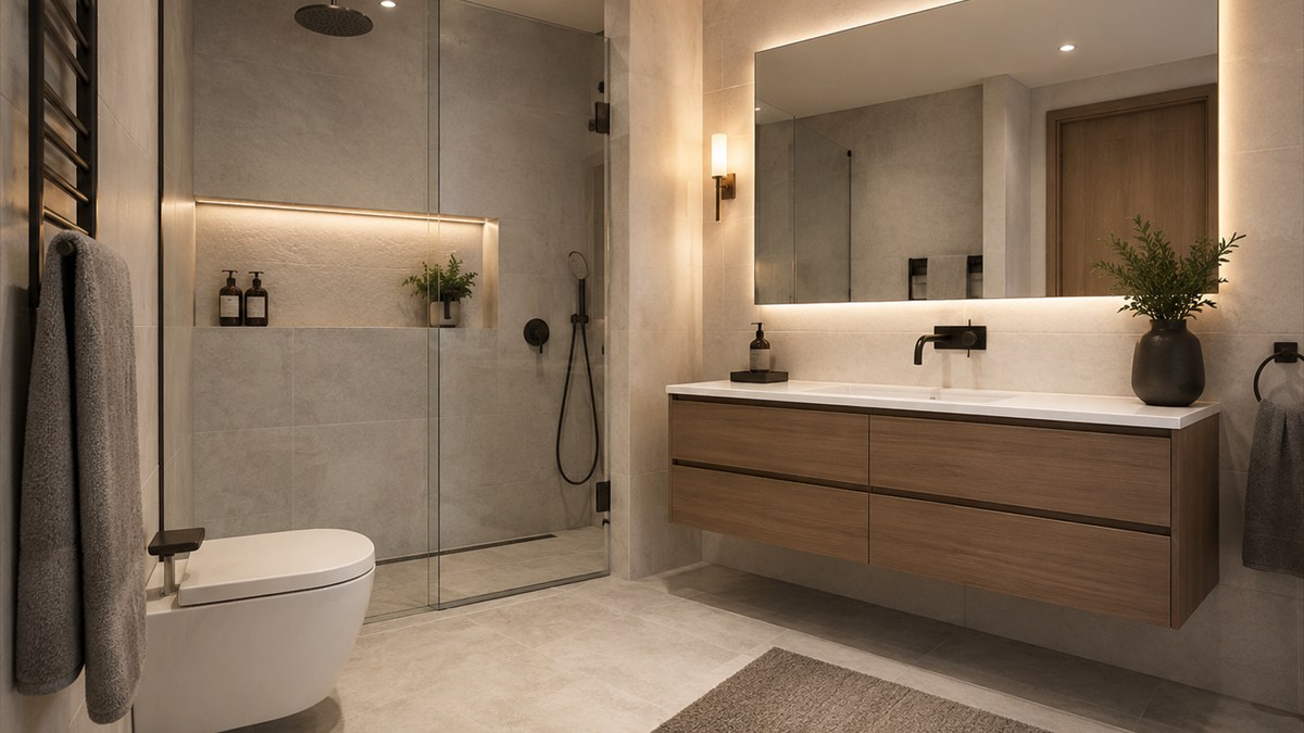Modernes Badezimmer mit bodengleicher Dusche, wandhängendem Waschtisch und indirekter Beleuchtung