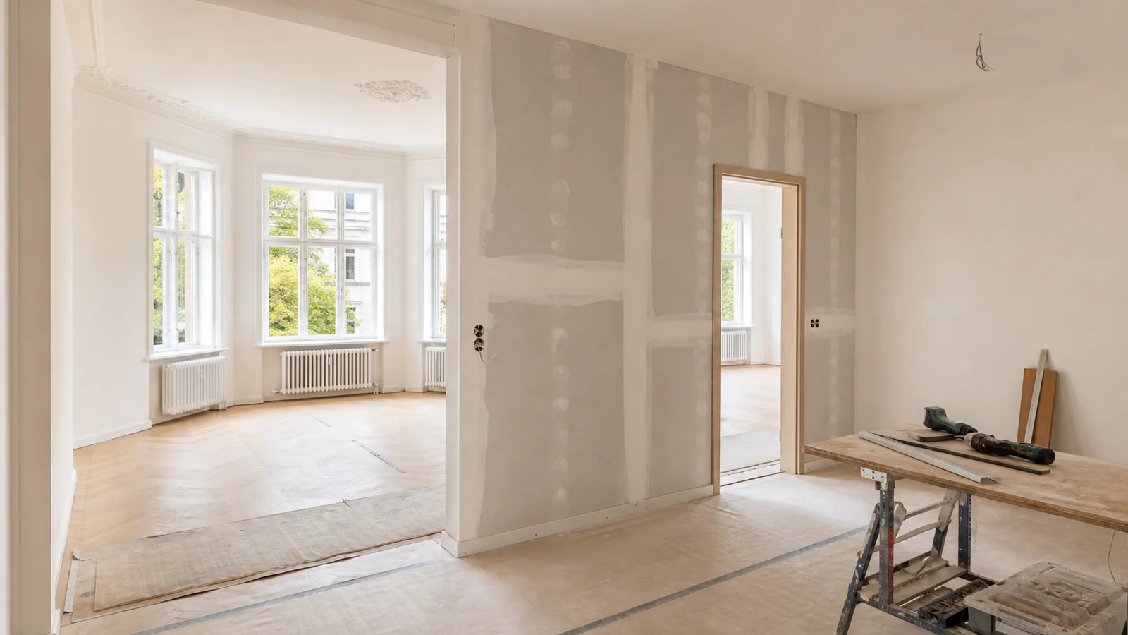 Trockenbauwand mit sichtbaren Fugen und Werkzeug beim Innenausbau einer Altbauwohnung