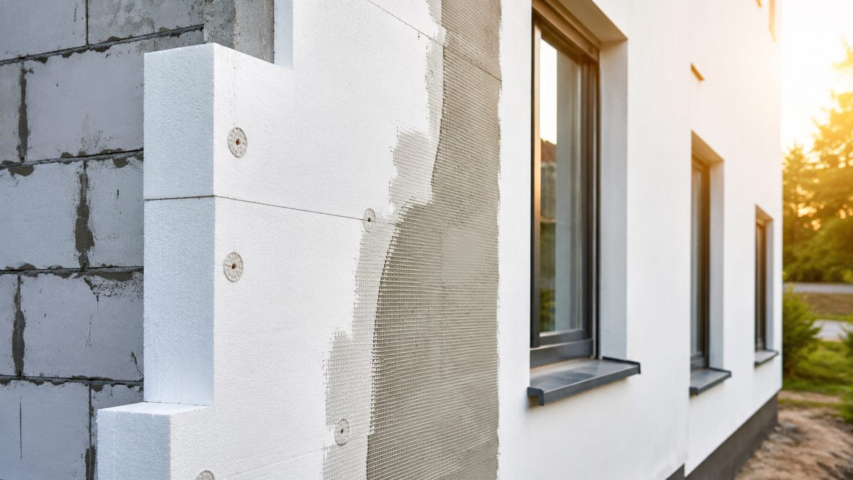 Wärmedämm-Verbundsystem mit Dämmplatten und Armierungsgewebe an einer Fassade